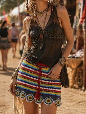 Vintage Crochet Mini Skirt Boho Hippie Festival Y2K Cottagecore Drawstring M